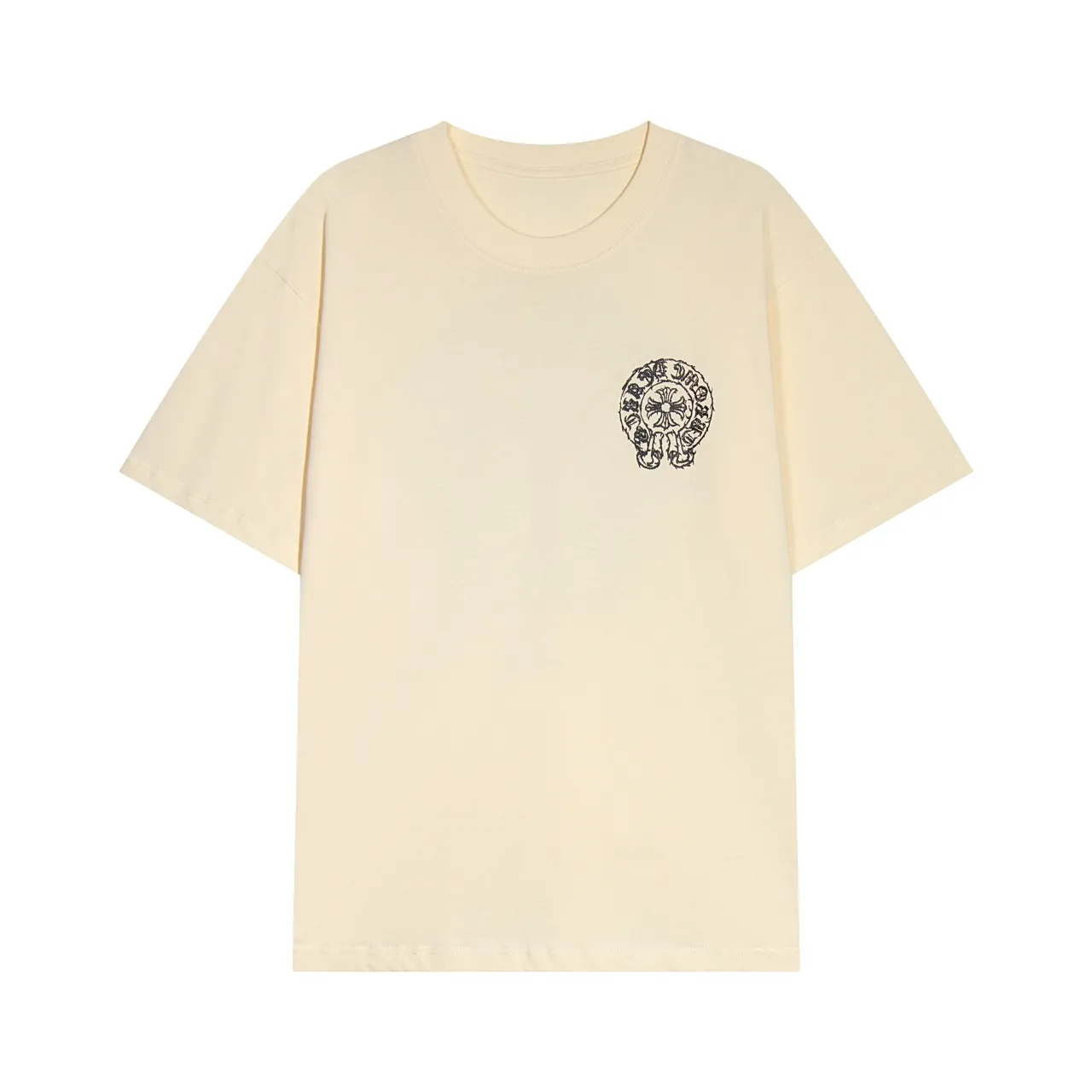 P150 Chrome Hearts Chrome Hearts Sanskrit Horseshoe Cross Short Sleeve Size: SMLXL Color: Black Apricot